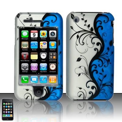 Hard Rubber Feel Plastic Design Case For Apple iPhone 3g/3gs - Silver and Blue Vines