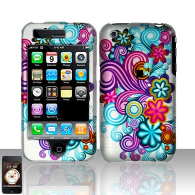 Hard Rubber Feel Plastic Design Case For Apple iPhone 3g/3gs - Purple and Blue Flowers