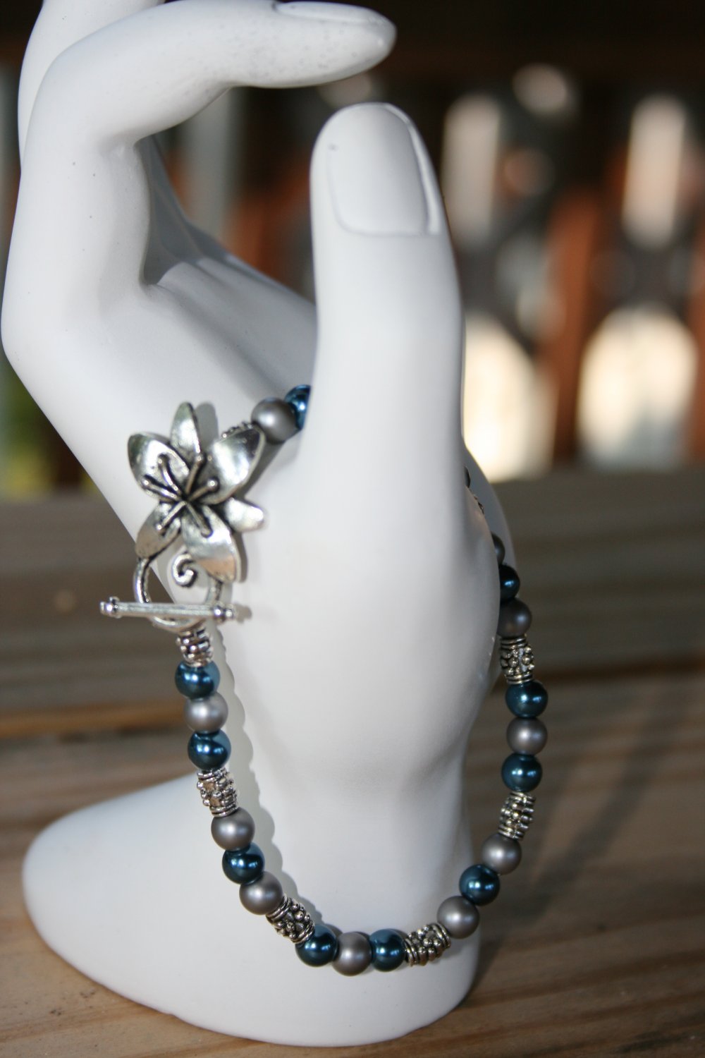Blue and Silver Flower Clasp Bracelet