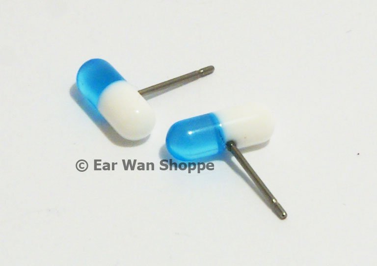 Korean Style Blue & White Pill Stainless Stud Earrings