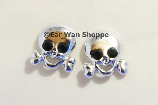 Gothic Silver Skull Cross Diamante Stud Earrings