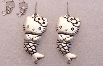 ♥Hello Kitty Mermaid Silver Tibetan Drop Earrings♥