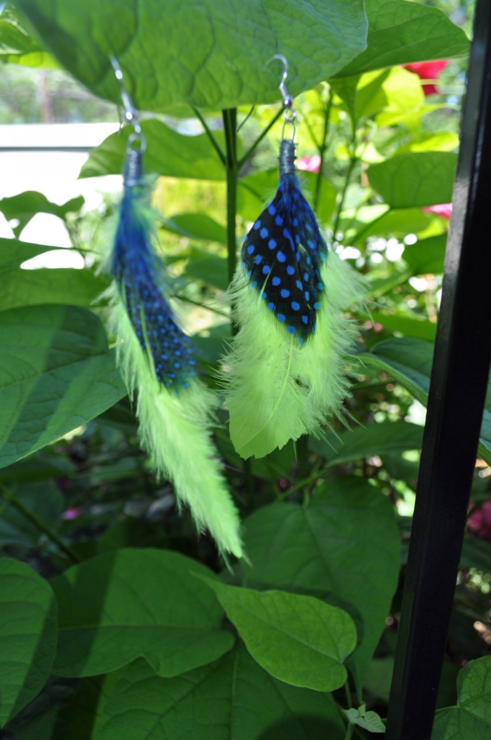 Neon Yellow & Blue Polka Dot Feather Earrings