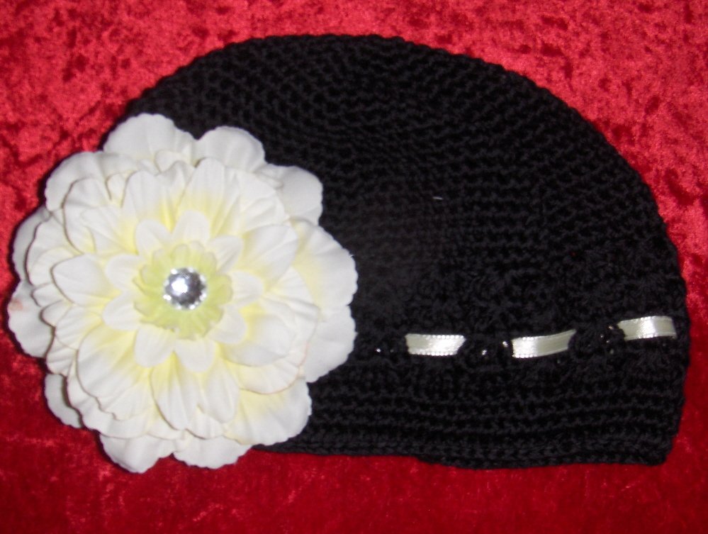 Black Crochet Hat with Yellow Flower