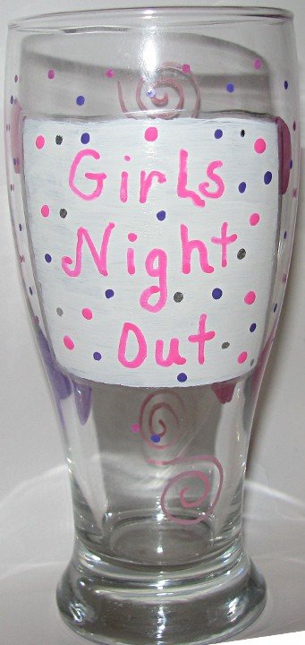 Girls Night Out Hand Painted Beer Pilsner Glass Bright Pink and Purple