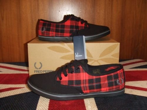 Fred Perry Black Koko Canvas Red Tartan Check Plimsolls