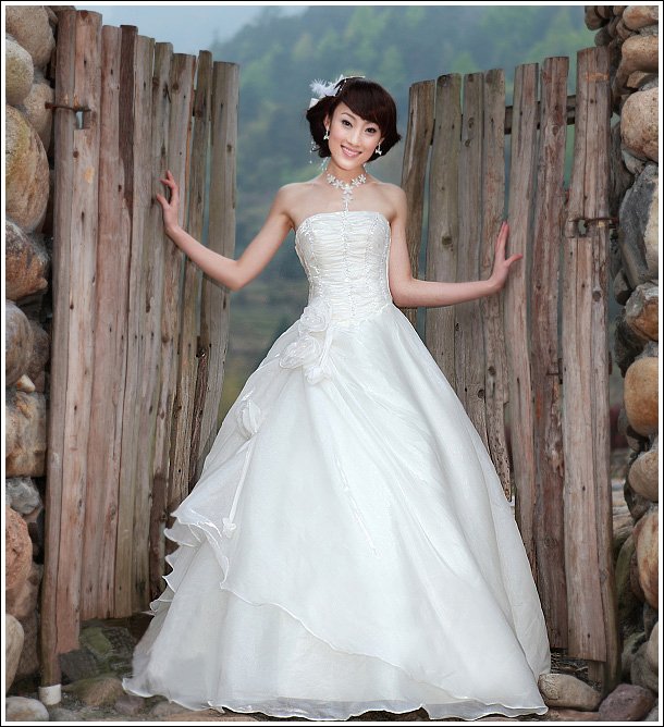Custom Made- Pleated Flower Embellished Layered Wedding Dress Bridal Prom Gown Ball