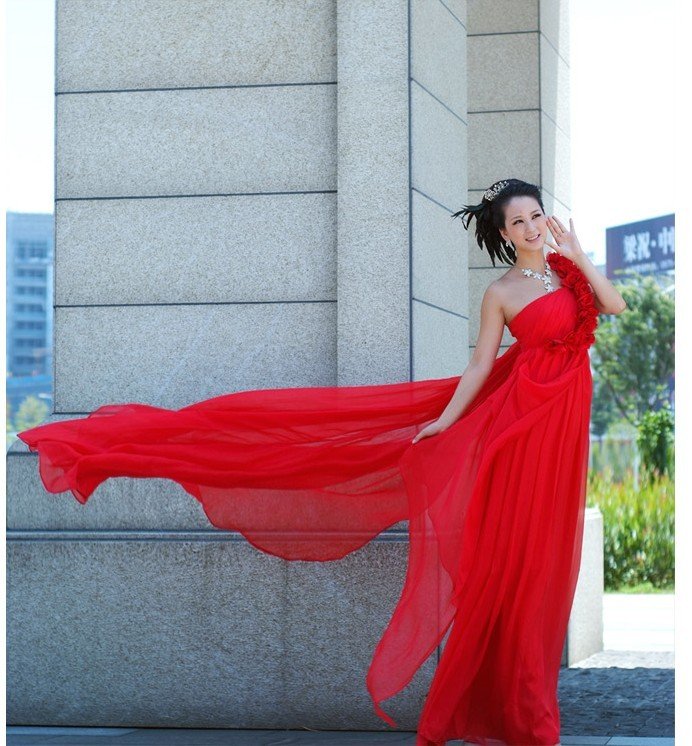 Custom Made- Elegant Flower One Shoulder Red Wedding Bride Dress Cocktail Bridesmaid Ball Prom