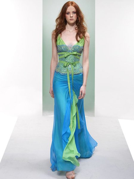 Celebrity Elegant Blue And Green V Neck Evening Dress Prom Bridesmaid Wedding