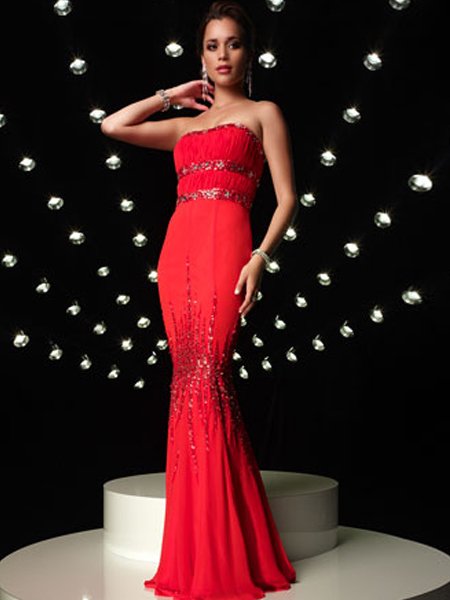 Red Strapless Rhinestone Empire Waist Mermaid Evening Dress Prom Bridesmaid Wedding