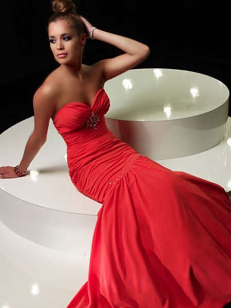 Formal Elegant Red Sweetheart Strapless Ruffles Beading Mermaid Ball Gown Prom Bridesmaid Wedding