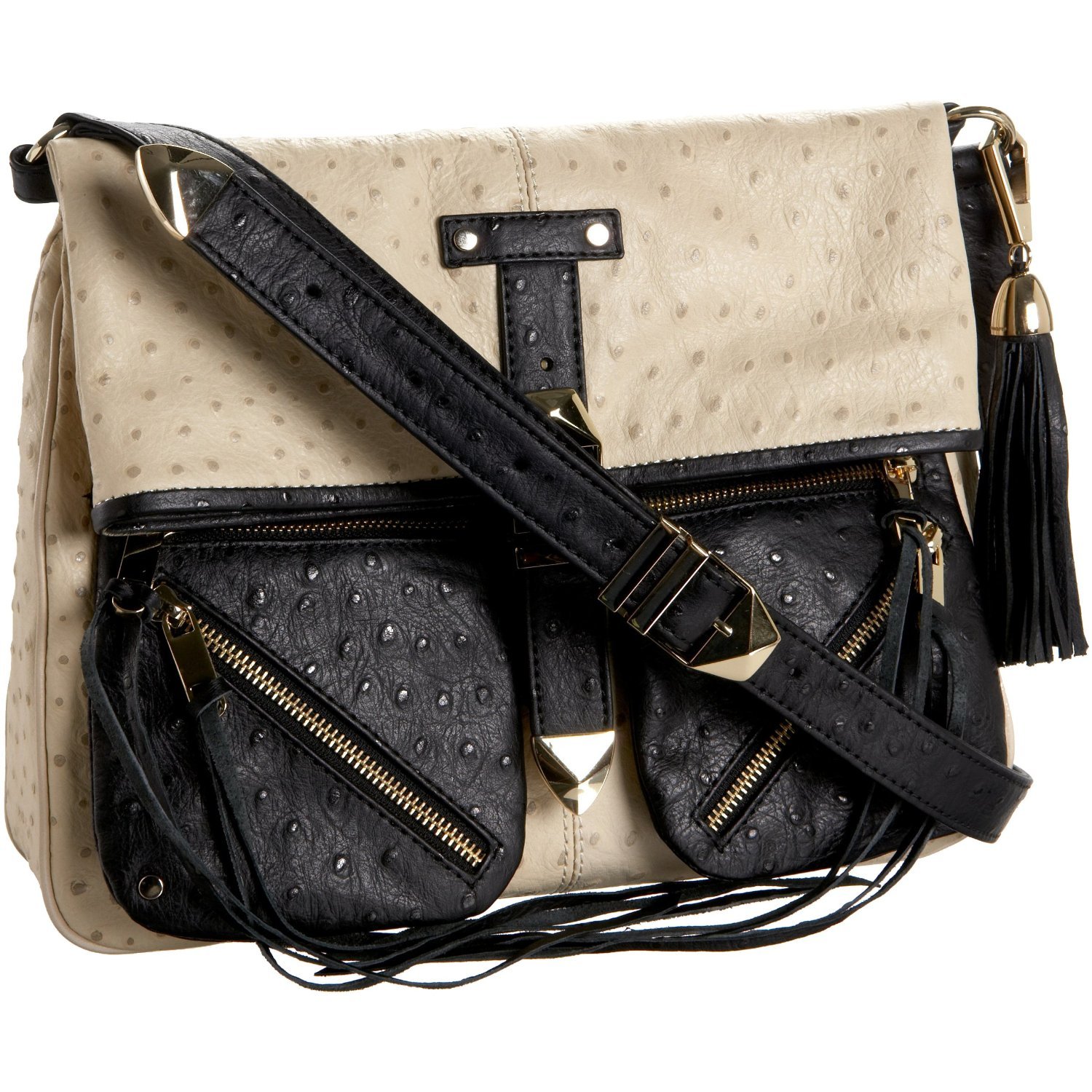 $495 REBECCA MINKOFF Main Squeeze Foldover Bag in W/B Ostrich NWT