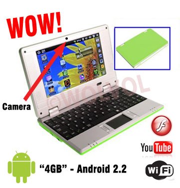 CAMERA Version GREEN 7inch Android Laptop Installed WiFi 4gb/256mb (Pouch Case, Charger, Mouse)