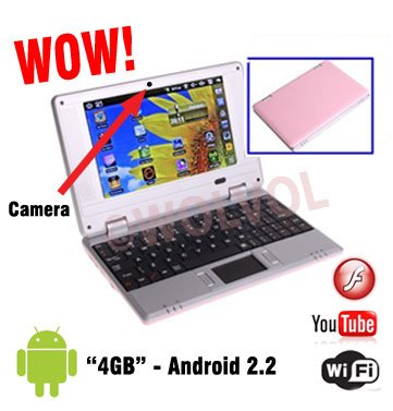CAMERA Version PINK 7inch Android Laptop Installed WiFi 4gb/256mb (Pouch Case, Charger, Mouse)