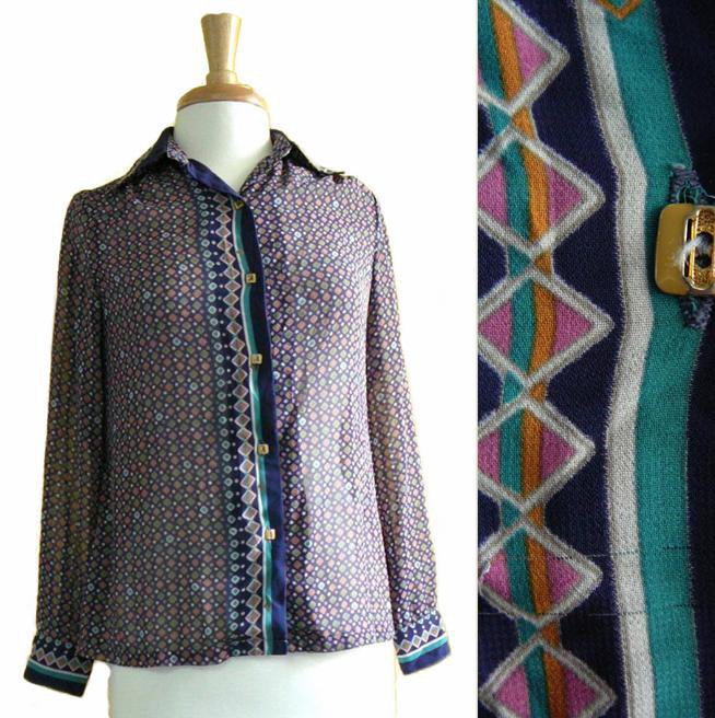 Vintage Vtg 70s 80s Mod Blue Orange Sheer Geometric Print Chiffon Long Sleeved Shirt S M