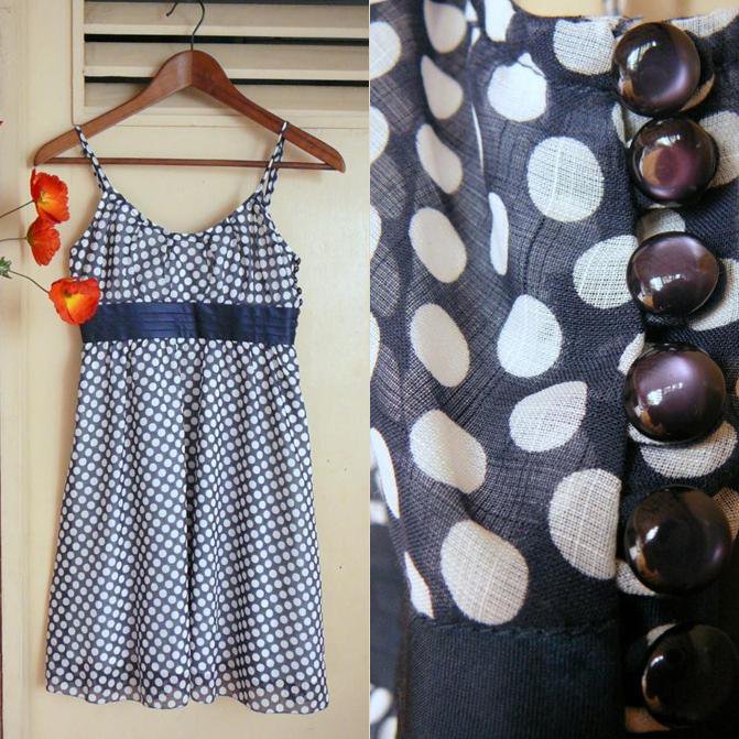 Dark Navy Blue Polkadot Chiffon Overlay Sundress + Purple Pearl Buttons XXS XS