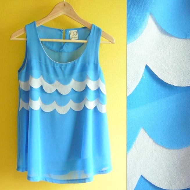 NWOT Sky Blue Gray-White Scallop Wave Trim Sheer Chiffon Swing Tank Top XS S