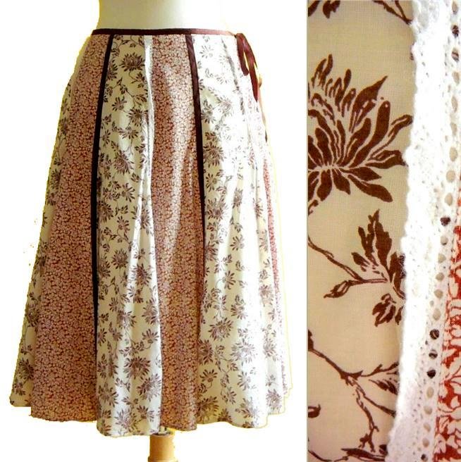 Cream & Brown Panelled Boho Cotton Midi Skirt Country Floral Print 140" Hem XS S