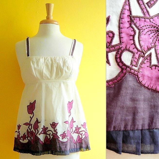 NWT Warehouse Cream Plum Brown Sheer Cotton Swing Top Appliqué Flowers USD90 S 4