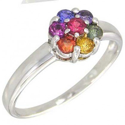 Rainbow Sapphire Flower Cluster Ring 925 Sterling Silver (1ct tw) SKU: 1582-925
