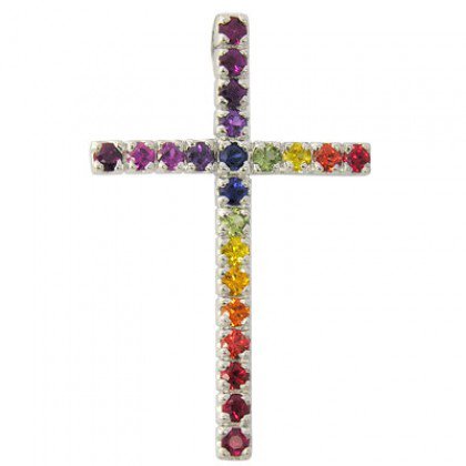 Rainbow Sapphire Religious Crucifix Pendant 925 Sterling Silver (3ct tw) SKU: 1525-925