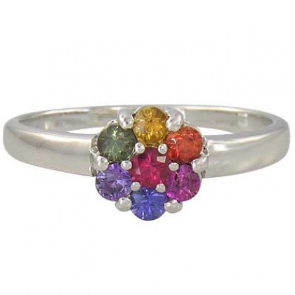 Rainbow Sapphire Flower Cluster Ring 14K White Gold (1ct tw) SKU: 1582-14K-WG