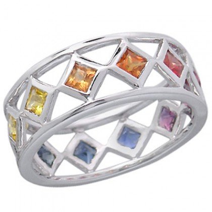 Rainbow Sapphire Bezel Set Eternity Ring 14K White Gold (1.6ct tw) SKU: 973-14K-WG