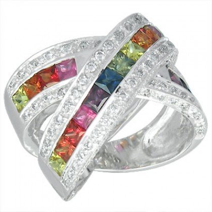 Rainbow Sapphire & Diamond Large Crossover Ring 14K White Gold (3.5ct tw) SKU: 628-14K-WG