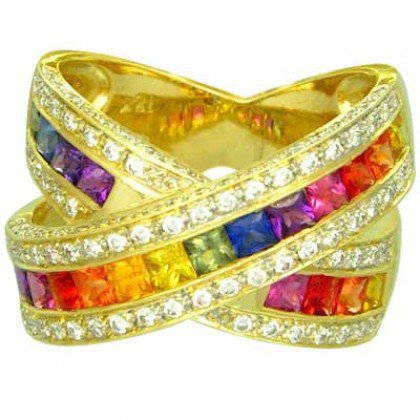 Rainbow Sapphire & Diamond Large Crossover Ring 18K Yellow Gold (3.5ct tw) SKU: 628-18K-YG