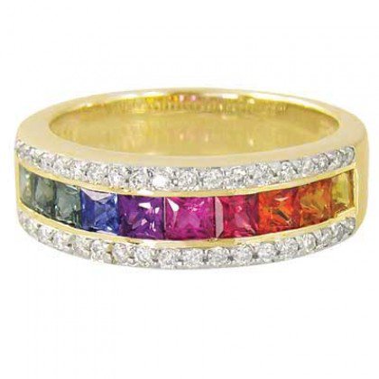 Rainbow Sapphire & Diamond Channel Set Ring 18K Yellow Gold (2.3ct tw) SKU: 1533-18K-YG