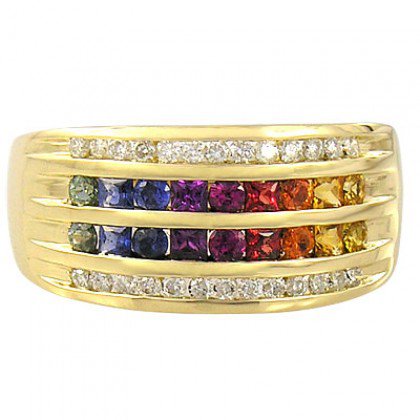 Rainbow Sapphire & Diamond Multi Shape Band Ring 14K Yellow Gold (1.35ct tw) SKU: 1523-14K-YG