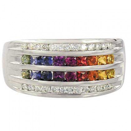 Rainbow Sapphire & Diamond Multi Shape Band Ring 14K White Gold (1.35ct tw) SKU: 1523-14K-WG