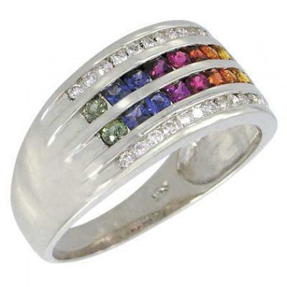 Rainbow Sapphire & Diamond Multi Shape Band Ring 18K White Gold (1.35ct tw) SKU: 1523-18K-WG