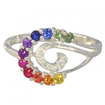 Rainbow Sapphire & Diamond Swirl Ring 14K White Gold (0.62ct tw) SKU: 1437-14K-WG