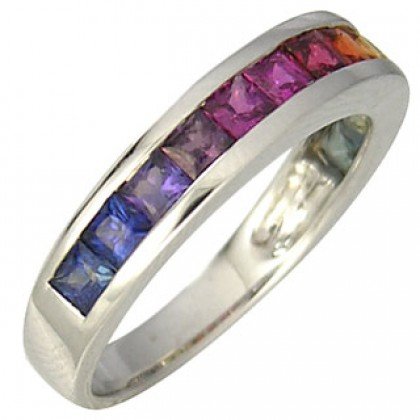 Rainbow Sapphire Half Eternity Band Ring 18K White Gold (2ct tw) SKU: 663-18K-WG