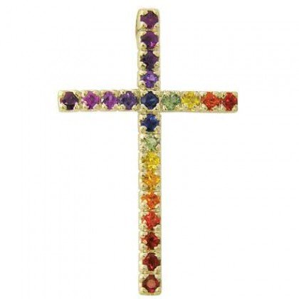 Rainbow Sapphire Religious Crucifix Pendant 14K Yellow Gold (3ct tw) SKU: 1525-14K-YG