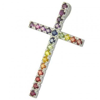 Rainbow Sapphire Religious Crucifix Pendant 18K White Gold (3ct tw) SKU: 1525-18K-WG