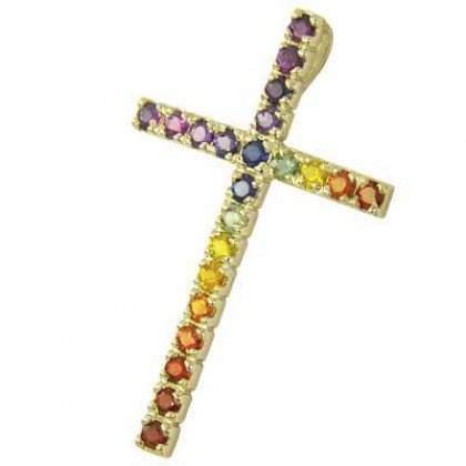 Rainbow Sapphire Religious Crucifix Pendant 18K Yellow Gold (3ct tw) SKU: 1525-18K-YG