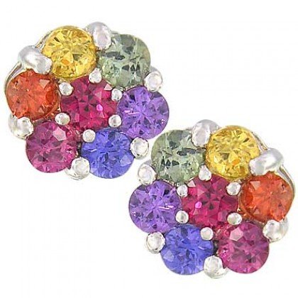 Rainbow Sapphire Earrings Flower Cluster 14K White Gold (2ct tw) SKU: 1617-14K-WG