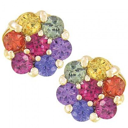 Rainbow Sapphire Earrings Flower Cluster 14K Yellow Gold (2ct tw) SKU: 1617-14K-YG