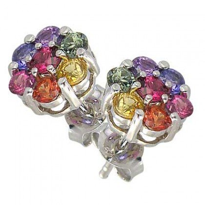 Rainbow Sapphire Earrings Flower Cluster 18K White Gold (2ct tw) SKU: 1617-18K-WG