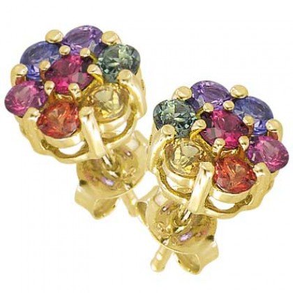 Rainbow Sapphire Earrings Flower Cluster 18K Yellow Gold (2ct tw) SKU: 1617-18K-YG