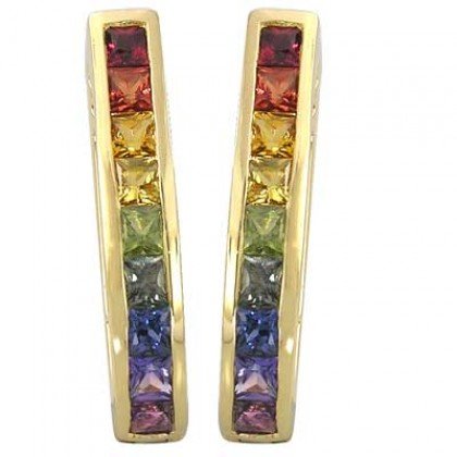 Rainbow Sapphire Earrings J Hoop Huggie 14K Yellow Gold (2ct tw) SKU: 1557-14K-YG