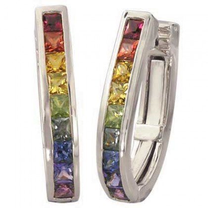 Rainbow Sapphire Earrings J Hoop Huggie 18K White Gold (2ct tw) SKU: 1557-18K-WG