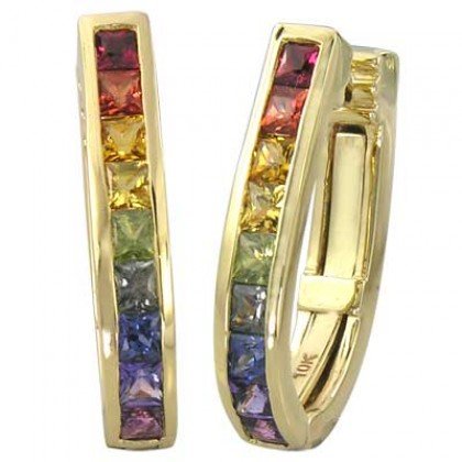Rainbow Sapphire Earrings J Hoop Huggie 18K Yellow Gold (2ct tw) SKU: 1557-18K-YG