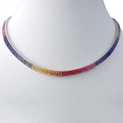 Rainbow Sapphire Invisible Set Double Row Tennis Necklace 14K WG (43ct tw) SKU: 415-14K-WG