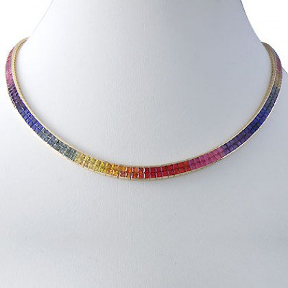Rainbow Sapphire Invisible Set Double Row Tennis Necklace 14K YG (43ct tw) SKU: 415-14K-YG