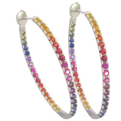 Rainbow Sapphire Earrings Hoop Huggie 14K White Gold (7ct tw) SKU: 1492-14K-WG