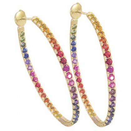 Rainbow Sapphire Earrings Hoop Huggie 14K Yellow Gold (7ct tw) SKU: 1492-14K-YG