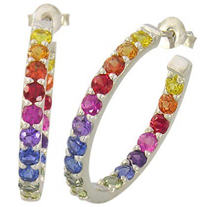 Rainbow Sapphire Earrings Inside Outside 1 Inch Hoop Huggie 14K WG (4ct tw) SKU: 1518-14K-WG